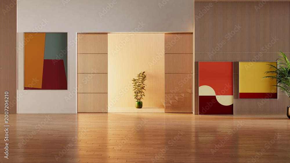 Naklejka premium 3D render, illustration Luxury modern living room interior, realistic lighting, wide angle, contemporary furniture, clean lines, minimalist decor, elegant home design, large window