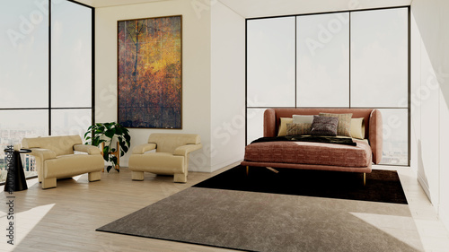 Large luxury modern bright bed room interiors 3D rendering illustration Color Image