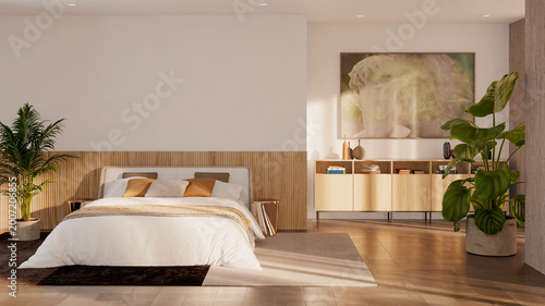Large luxury modern bright bed room interiors 3D rendering illustration Color Image