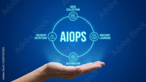 Hand presenting aiops concept with data collection, machine learning, automation, incident detection on blue background