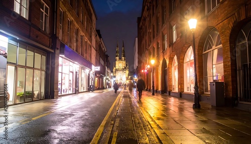 A nighttime city street scene with people walking