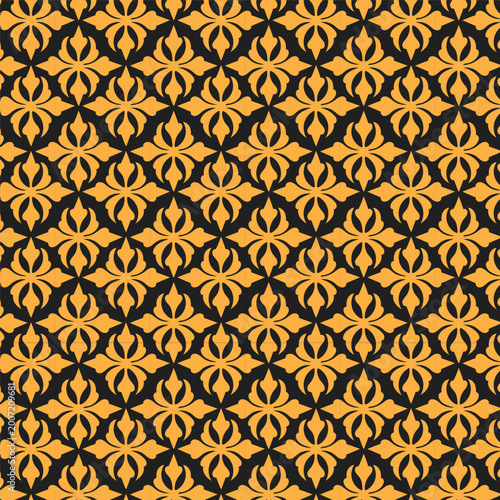 Seamless vintage damask pattern with golden stars and floral ornaments in a retro brown and beige vector style for elegant textile wallpaper and antique fabric backdrops