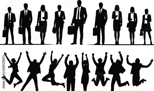 Tableau sur toile Black silhouettes of business people standing with briefcases and jumping in cel