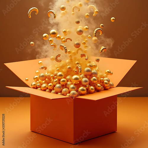 Orange gift box opens to reveal golden spheres and croissants with smoke.