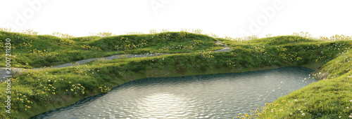 Tableau sur toile Natural Meadow Terrain with Small Pond and Green Hills Isolated on Transparent Background