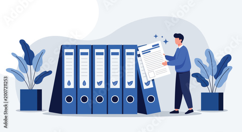 Quadro em tela Business office organization concept with professional character organizing documents in blue folders for efficient administrative filing system management