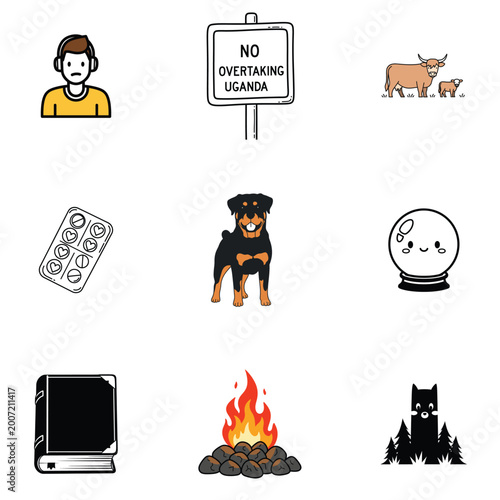 Digital illustration of road safety and health icons in a grid