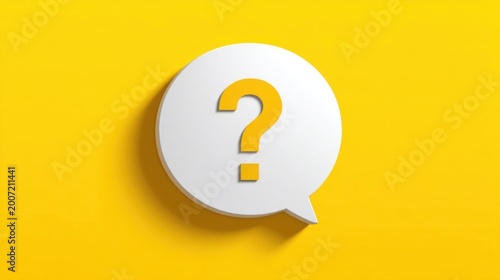 White speech bubble with bold yellow question mark on vibrant solid background, minimalistic clean modern design.