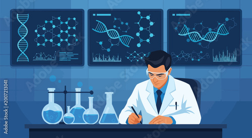 Bild auf Leinwand Scientist in white lab coat sitting at desk with glassware performing biochemical research with molecular structure and dna helix diagrams on dark monitors