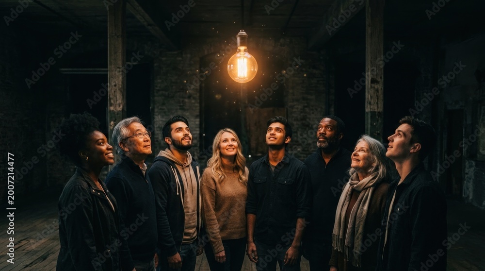 Fototapeta premium A diverse group of people stands together in a large, dark, industrial space.