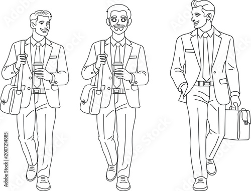 Businessmen Walking Outline Line Art Black and White Illustration