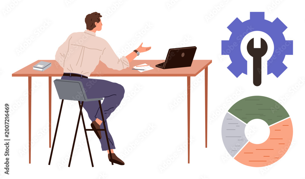 Fototapeta premium Productivity, technology, business strategy, data management, workflow optimization, decision-making. Man seated at desk with laptop and icons of gear and pie chart. Productivity and technology