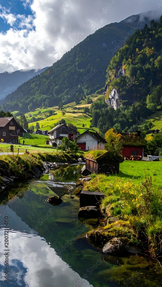 Obraz premium A serene village nestled between a river and mountains