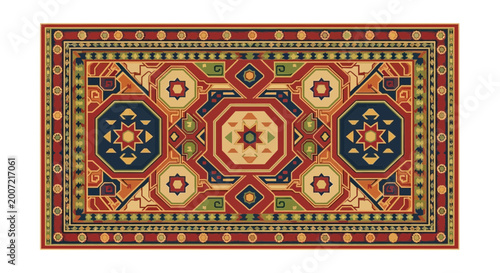 Colorful Persian Carpet with Intricate Geometric Patterns and Traditional Motifs