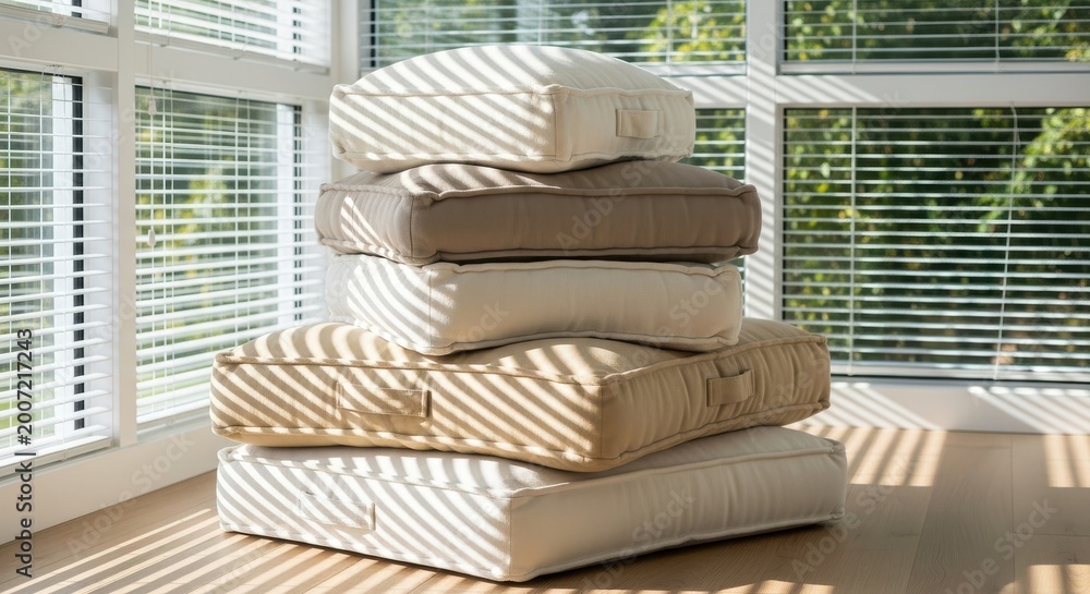 Fototapeta premium Stack of organic cotton floor cushions in neutral tones, bathed in sunlight and shadow