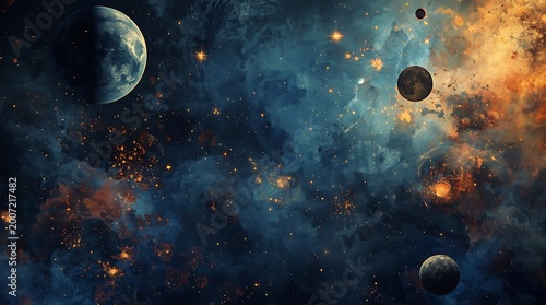 Vibrant Cosmic Scene Featuring Planets, Nebulae, and Stars.