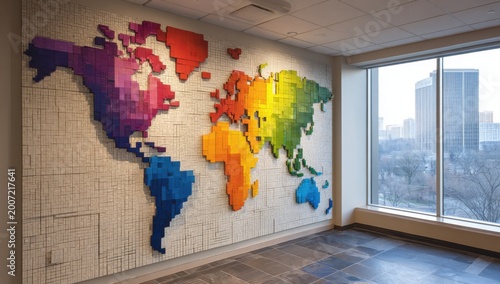 Colorful World Map Mural on Office Wall with Large Window View.