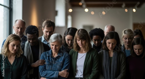 A diverse group of people standing in a line, heads bowed in a solemn or prayerful gesture. The setting appears to be indoors, possibly in a church or community center, with warm lighting 