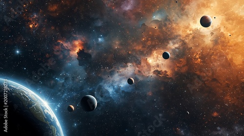 Spectacular View of Planets and Nebulae in Deep Space.