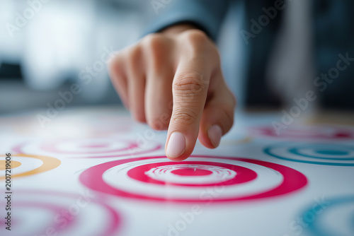 Market positioning strategy and positioning map. Target audience analysis and differentiation of brand products. Marketer pointing at positioning map
