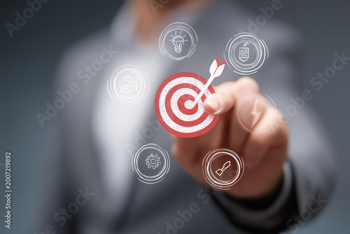 Objectives and key results OKR management tool. Enterprise goals management platform. Businessperson holding arrow and target icons