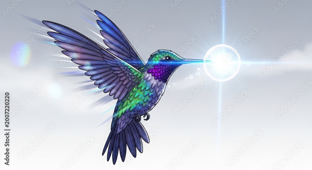 Fototapeta premium vibrant hummingbird in flight with iridescent feathers and glowing light effect against soft background