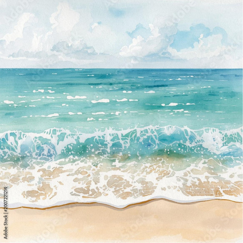 Canvas Print Serene ocean waves gently lapping onto a sandy beach with a cloudy sky overhead