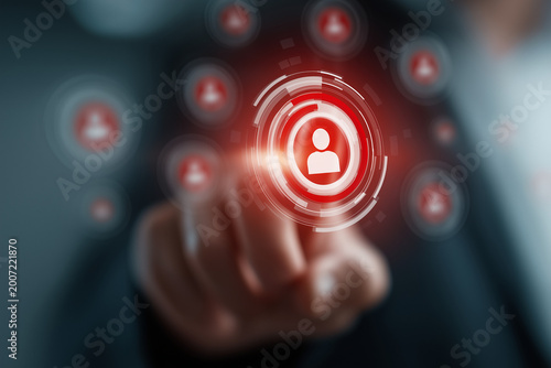 Targeting and personalization of customer communication. Marketing automation system. Marketer tapping a customer icon