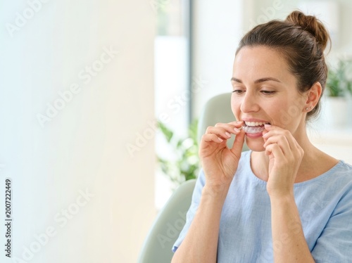 Clean commercial scene of a woman applying invisible braces with both hands, horizontal layout with large copy space and soft pastel background