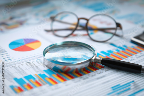 Analyzing and gathering statistical data. Growth charts. Many business reports and magnifying glass