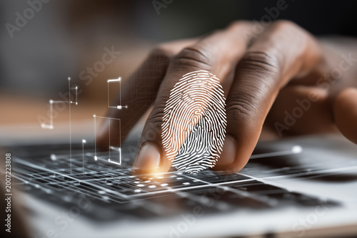 Authentication and identification. Zero trust access control and authorization. Businessperson using laptop computer for identity verification