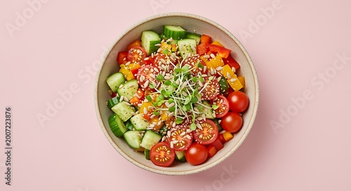 A vibrant colorful salad bowl filled with fresh vegetables and grains