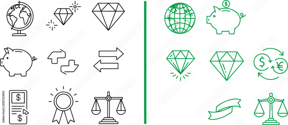 Fototapeta premium Set of finance and business icons. Representing global economy, savings, value, exchange, and success.