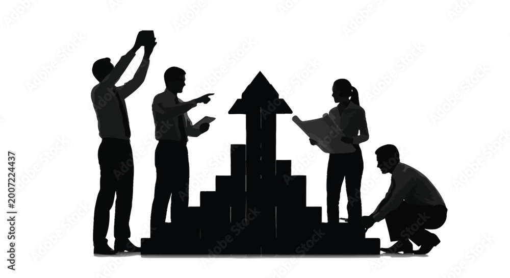 Fototapeta premium Silhouette of businesspeople building a graph with an upward arrow