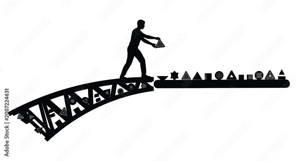 Fototapeta premium Man balancing on a bridge made of letters and shapes