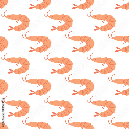 Cute Pink Shrimp Seamless Pattern on White Background