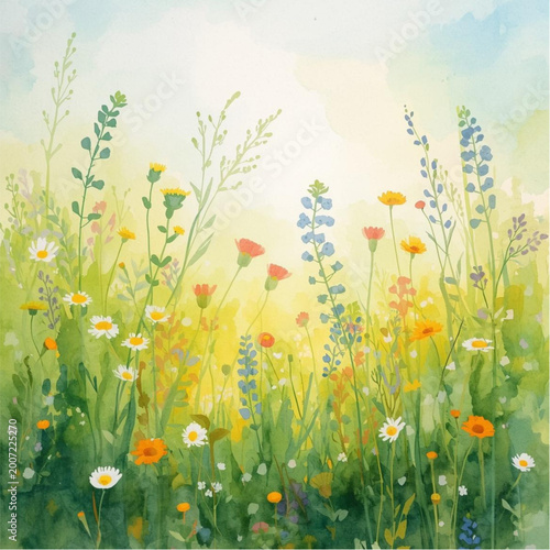 Bild auf Leinwand Vibrant wildflowers bloom in a lush green meadow with a soft blue sky and warm s