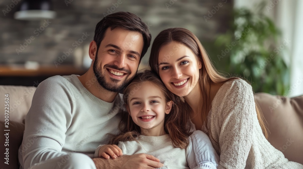 Naklejka premium Smiling family of three sitting together on a couch, enjoying quality time in a cozy living room