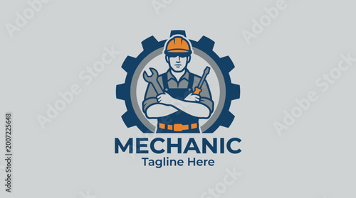 Foto This logo showcases a mechanic with tools against a gear backdrop, emphasizing strength and reliability, ideal for automotive services and repair businesses