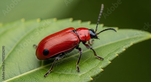 Red beetle on green leaf