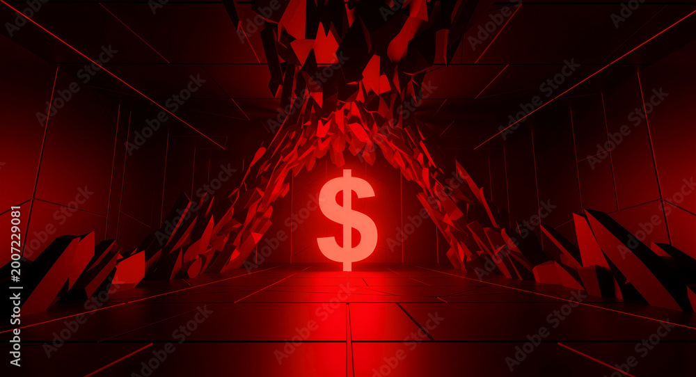 Obraz premium Glowing red dollar sign in a dark abstract geometric cave. Sharp crystalline shapes frame the currency symbol in a futuristic 3D render. Economic crisis and financial power concept.