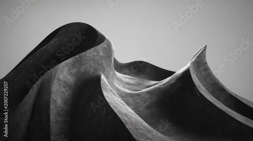 Abstract dark textured waves rise against a soft gray background