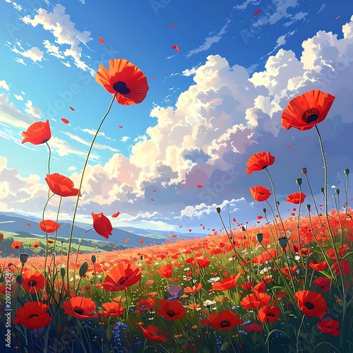 Vibrant red poppies in a vast field under a blue sky
