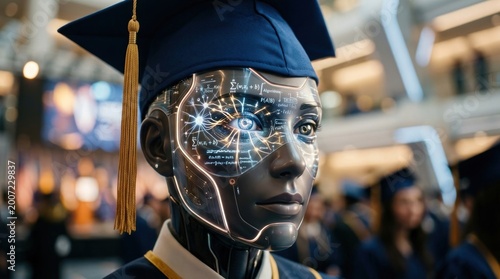 A sleek, robotic figure wearing a graduation cap and gown stands in a grand, modern building.