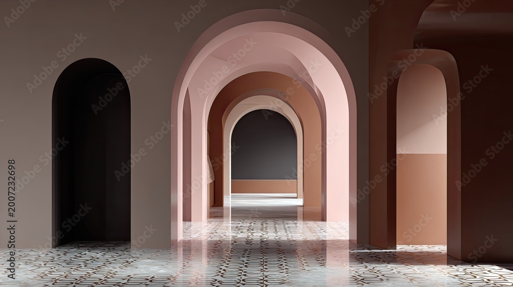 Fototapeta premium Endless arched corridor with patterned floor and soft light