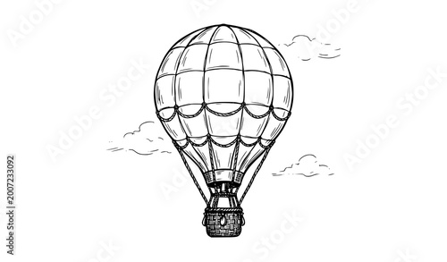 Foto Hand drawn vintage hot air balloon line art vector sketch travel illustration fo