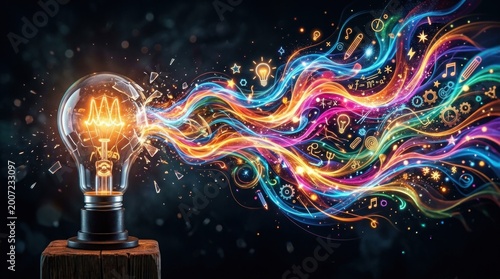 A glowing light bulb explodes with vibrant, colorful energy, resembling a burst of creative ideas.