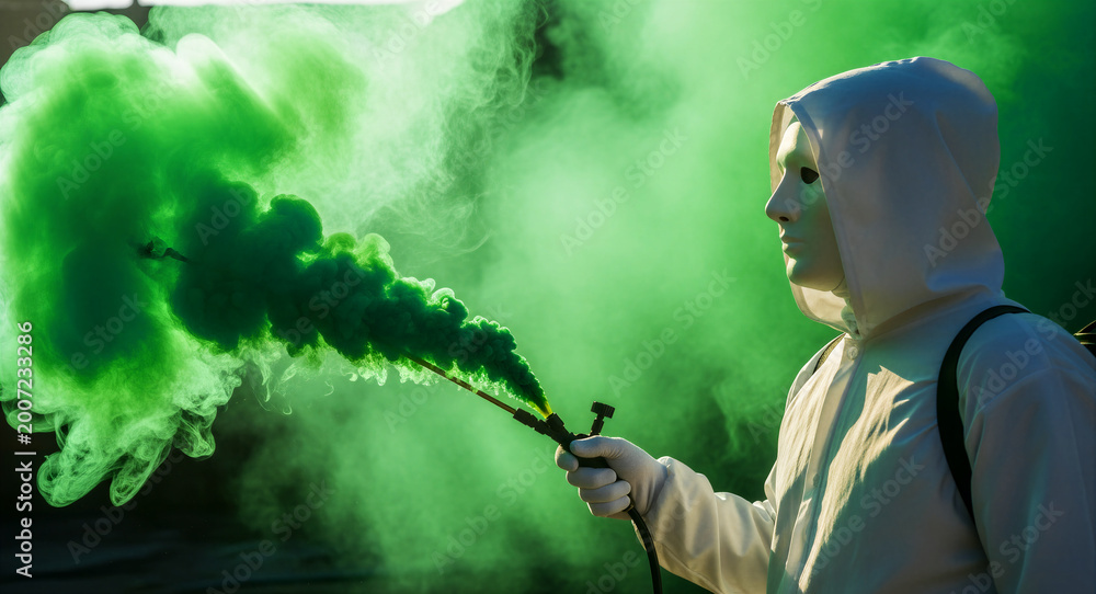 Obraz premium Person in a white protective suit and mask spraying a thick cloud of green smoke. Dispersal of vibrant toxic-looking gas into the air. Environmental pollution concept, ideal for dystopian themes.