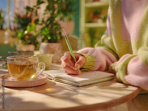 Person writing in a notebook with a warm drink, bathed in sunlight