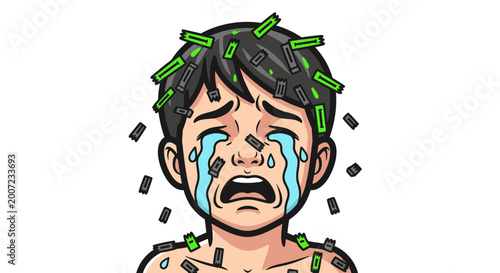 Valokuva Sad boy crying with green objects.